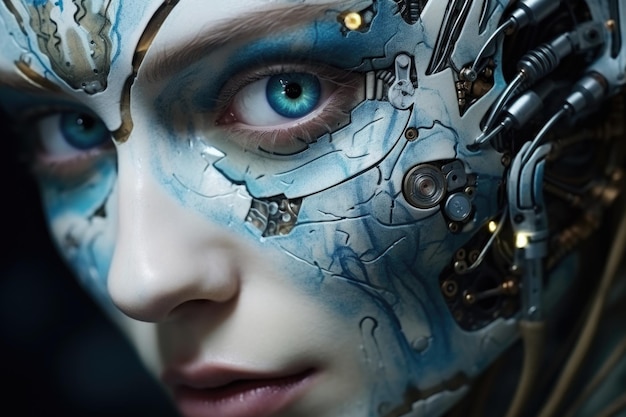 Retrato de uma mulher robô antropomórfica com maquiagem de arte azul em close-up