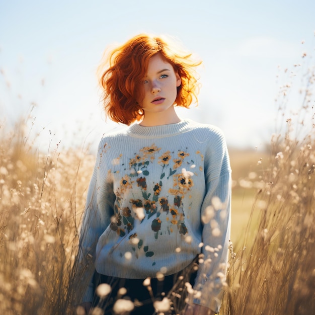 Retrato de uma mulher ruiva em um campo de trigo