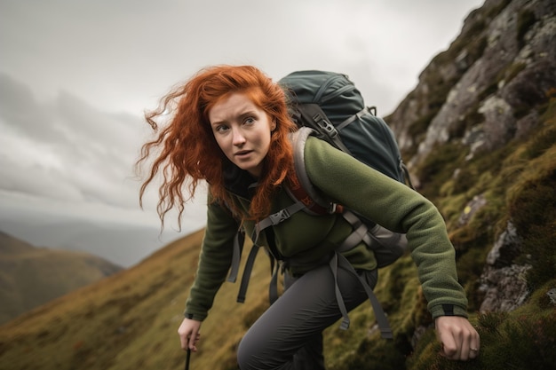 Retrato de uma mulher ruiva escalando as montanhas vazando nas montanhas