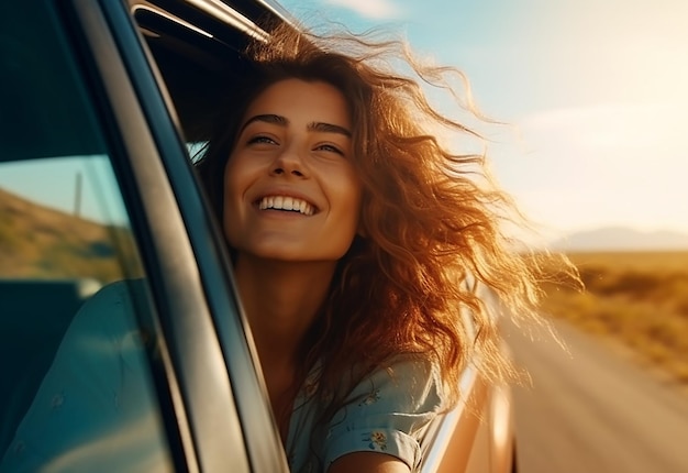 Retrato de uma mulher saindo da janela do carro enquanto dirige no verão