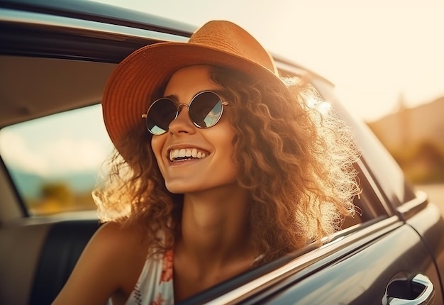 Foto retrato de uma mulher saindo da janela do carro enquanto dirige no verão