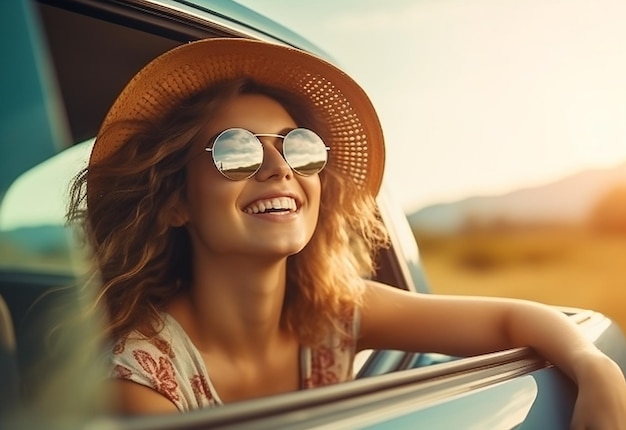 Retrato de uma mulher saindo da janela do carro enquanto dirige no verão