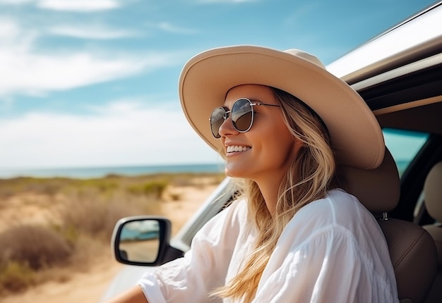 Foto retrato de uma mulher saindo da janela do carro enquanto dirige no verão