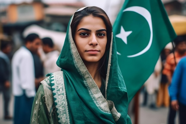 Retrato de uma mulher segurando uma bandeira do Paquistão na mão ao ar livre