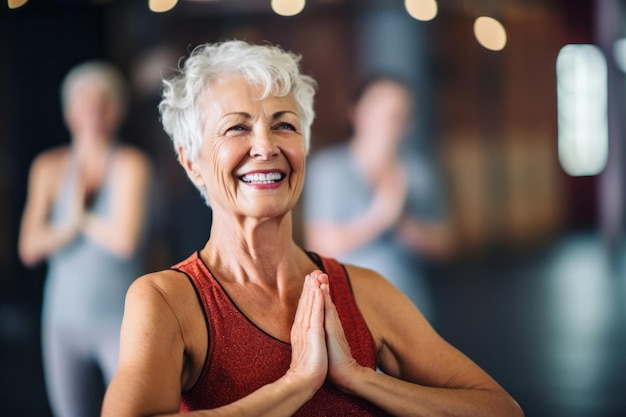 Retrato de uma mulher sênior feliz estacionando em uma aula de ioga ou fitness