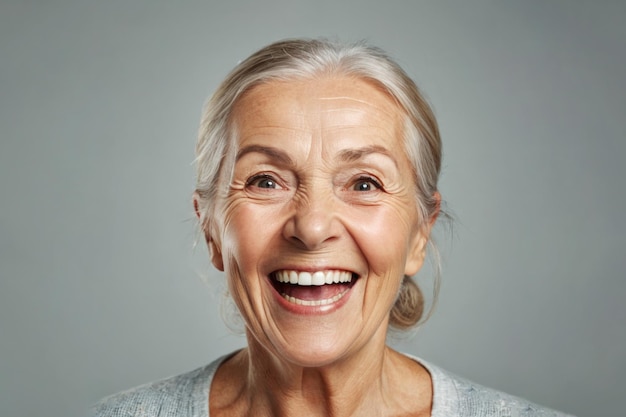 Retrato de uma mulher sênior sorrindo olhando para a câmera rindo.