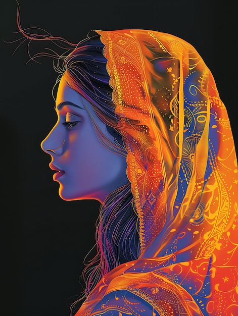 Retrato de uma mulher sikh vestindo um Salwar Kameez tradicional e T-shirt Design Art Tattoo Ink Frames