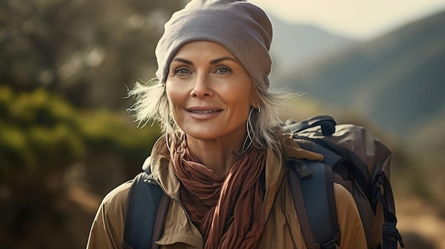 Retrato de uma mulher sorridente alpinista com mochila com fundo de montanhas