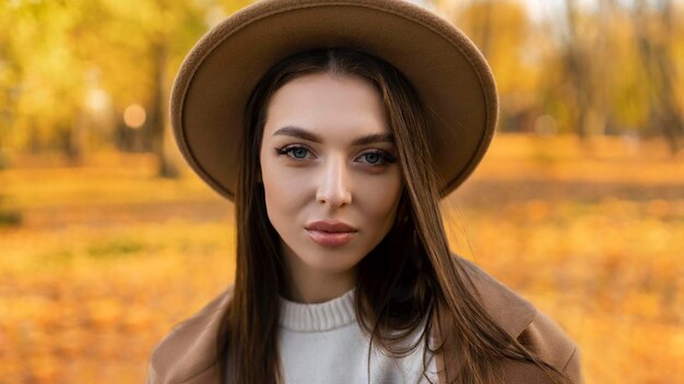 Retrato de uma mulher sorridente atraente e elegante, com cabelos longos, andando no parque, vestida com um casaco marrom quente, estilo de rua da moda de outono, usando chapéu