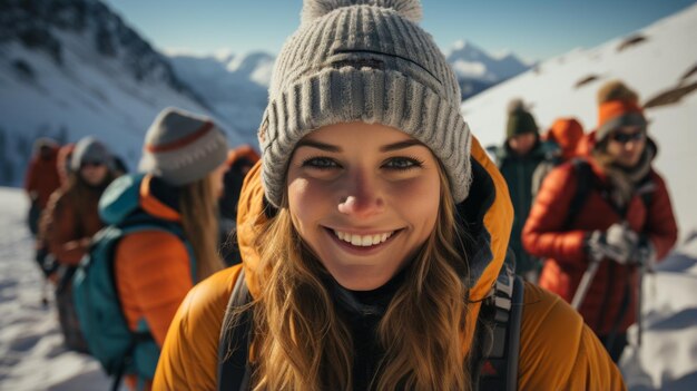 Retrato de uma mulher sorridente com um chapéu e casaco de inverno em frente a uma paisagem de montanha coberta de neve