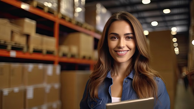 Foto retrato de uma mulher sorridente com um tablet para verificar a logística de mercadorias e o conceito de exportação de negócios generative ai