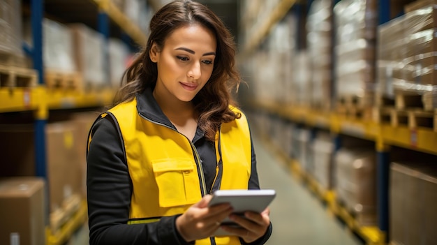 Retrato de uma mulher sorridente com um tablet verificando a logística de mercadorias e a exportação de negócios Generative ai