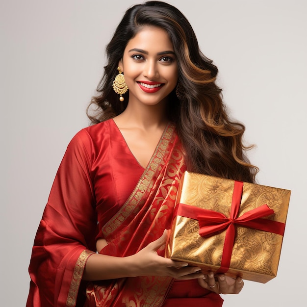 Retrato de uma mulher sorridente em saree tradicional vermelho e dourado segurando presentes
