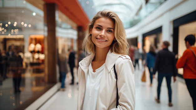 Retrato de uma mulher sorridente em um shopping