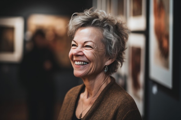 Retrato de uma mulher sorridente em uma galeria de arte criada com IA generativa