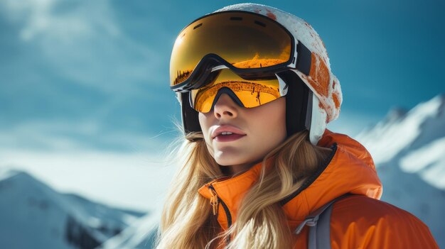 Retrato de uma mulher sorridente feliz snowboarder contra o fundo de montanhas cobertas de neve em um esqui