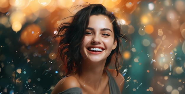 Foto retrato de uma mulher sorridente mulher sorridente feliz aparência alegria