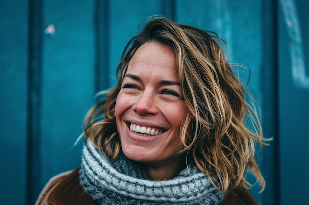 Retrato de uma mulher sorridente na frente de uma parede azul