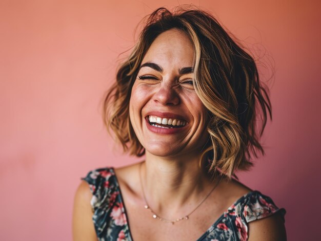 Retrato de uma mulher sorridente rindo contra um fundo rosa