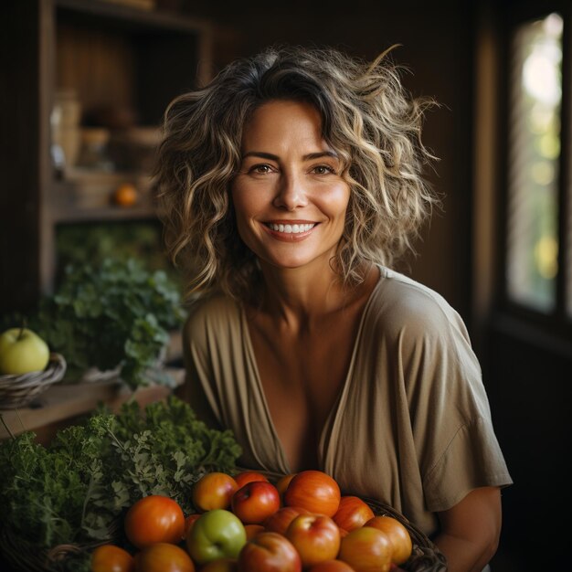 Retrato de uma mulher sorridente segurando uma cesta de frutas e legumes frescos