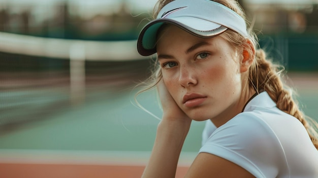 Retrato de uma mulher sorridente sentada em uma quadra de tênis em um clube de tênis