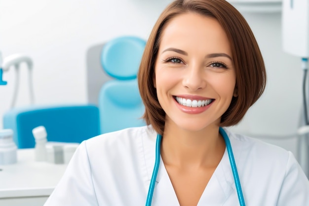 Foto retrato de uma mulher sorrindo em uma clínica odontológica parecendo confiante e feliz