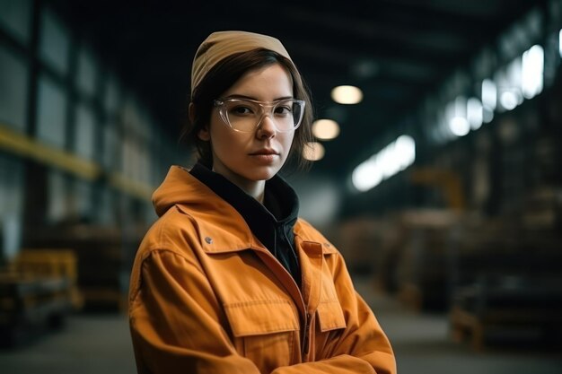 Foto retrato de uma mulher trabalhadora em uma fábrica usando roupas de proteção