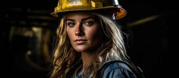 Retrato de uma mulher trabalhadora industrial com capacete de segurança posando para foto