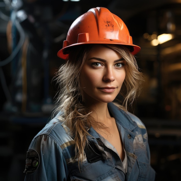 Retrato de uma mulher trabalhadora industrial com capacete de segurança posando para foto