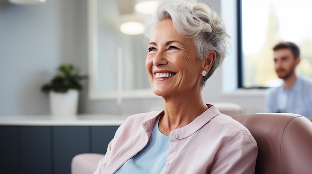 Retrato de uma mulher velha atraente e sorridente com cabelos brancos