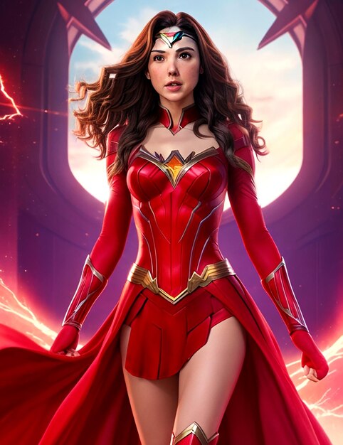 Retrato de uma mulher vestindo um terno de super-herói