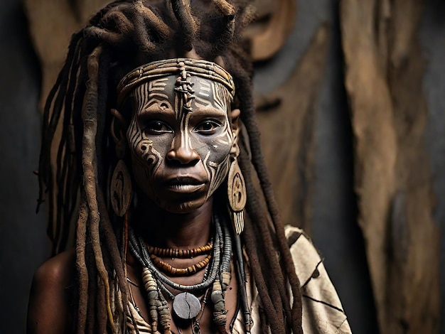 Retrato de uma mulher xamã africana assustadora com pele rachada petrificada e dreadlocks segura uma tradição