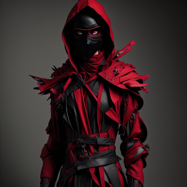 Retrato de uma ninja feminina com armadura vermelha e máscara de fundo escuro