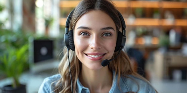 Retrato de uma operadora de suporte ao cliente sorridente em fone de ouvido olhando para a câmera