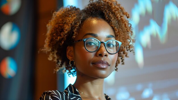 retrato de uma oradora negra em uma conferência em close-up em um fundo abstrato borrado