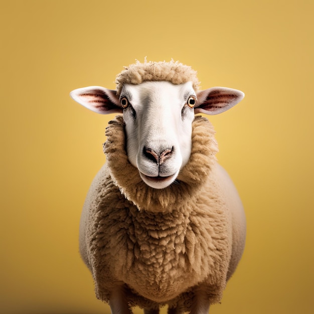 Retrato de uma ovelha com uma expressão de surpresa, olhos e boca bem abertos olhando para a frente