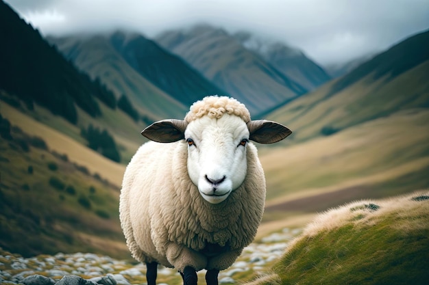 Retrato de uma ovelha em pé em um rebanho montanhas ai generative