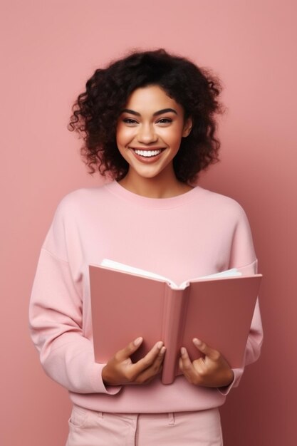 Retrato de uma pessoa afro-americana linda e positiva com um sorriso dentado segurando um livro aberto isolado em fundo rosa