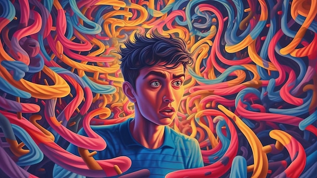 Retrato de uma pessoa perdida em um labirinto de ilusões distorcidas Conceito de fantasia Ilustração pintura Generative AI