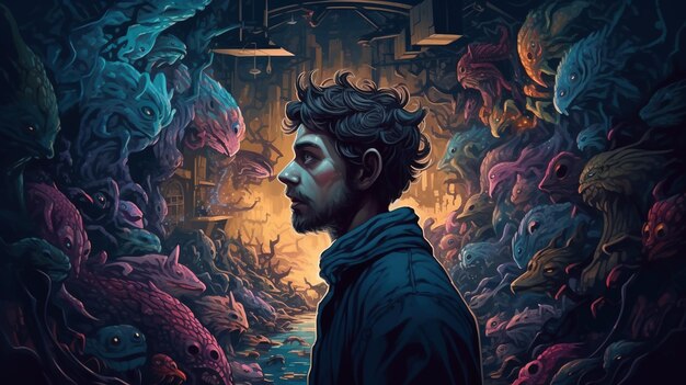 Retrato de uma pessoa presa em um mundo de pesadelo surreal Conceito de fantasia Ilustração pintura Generative AI