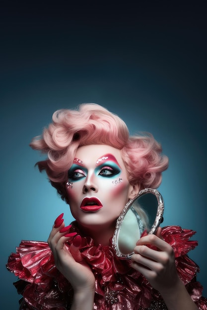 Retrato de uma pessoa queer com maquiagem na parede azul no estúdio Gay Culture