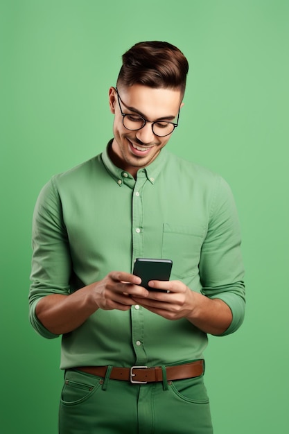 Retrato de uma pessoa simpática e sorridente usando camiseta estilosa em óculos segura o braço do smartphone no bolso isolado em fundo de cor verde