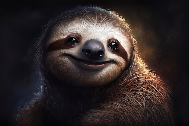 Retrato de uma preguiça sorridente em um fundo escuro