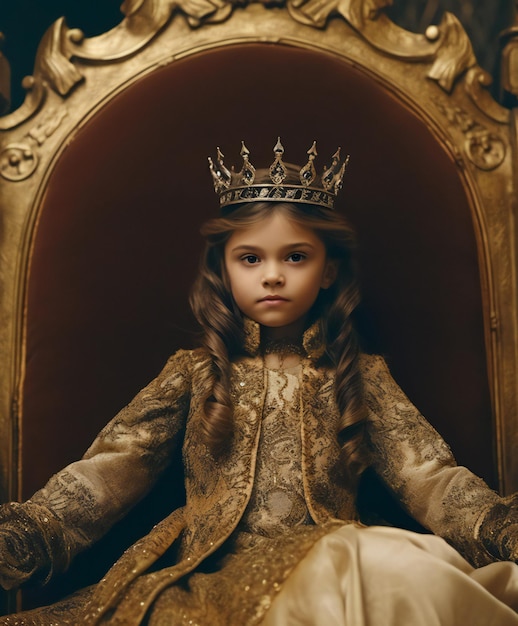 Foto retrato de uma princesinha em um vestido dourado e uma coroa