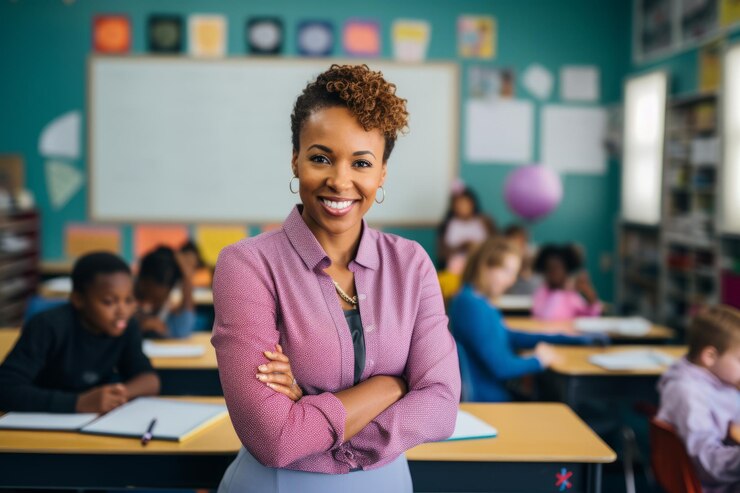 Retrato de uma professora afro-americana sorridente em pé na sala de aula