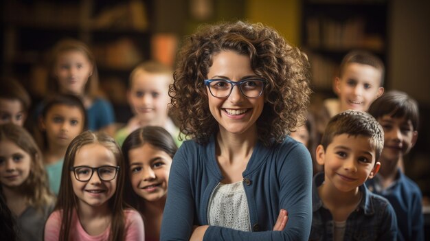 Retrato de uma professora feliz na sala de aula na frente dos alunos