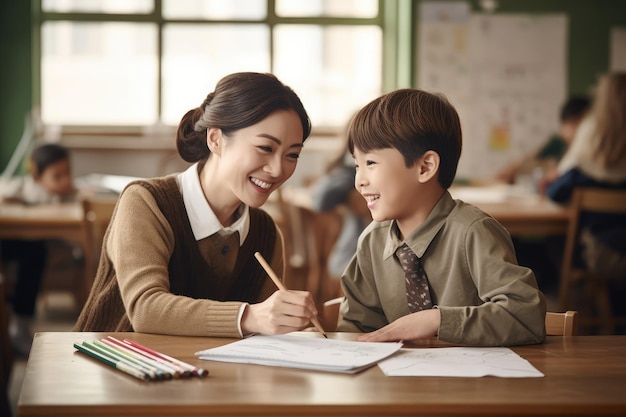Retrato de uma professora sorridente ajudando o menino a fazer a lição de casa na sala de aula