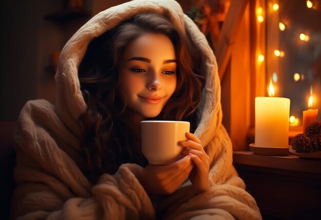 Foto retrato de uma rapariga bonita a beber uma chávena de chá.