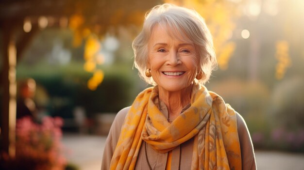 Foto retrato de uma senhora feliz e sorridente no jardim