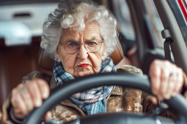 Retrato de uma senhora zangada a segurar o volante numa lição de condução